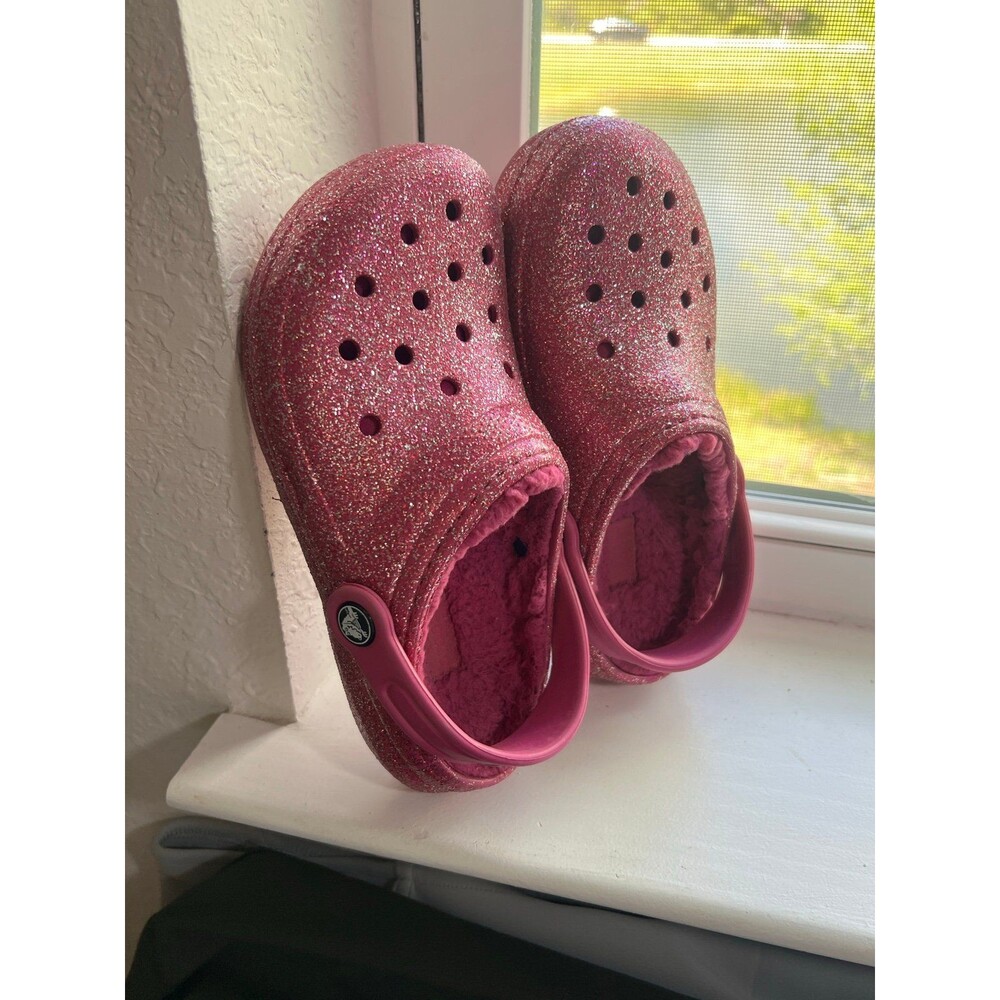 Crocs Classic Clogs Fleece Lined Pink Magenta Sparkle Juniors Size 2 (EU 30-31) - Picture 5 of 9